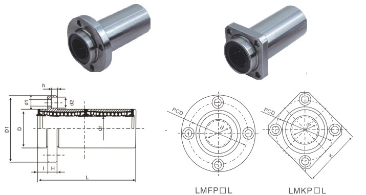 LMF/KP/L (SMF/K/W-E) Series Long Pilot Pattern Flange Linear Bearing Bushing of  LMFP6UU LMKP6UU LMFP8UU LMKP8UU