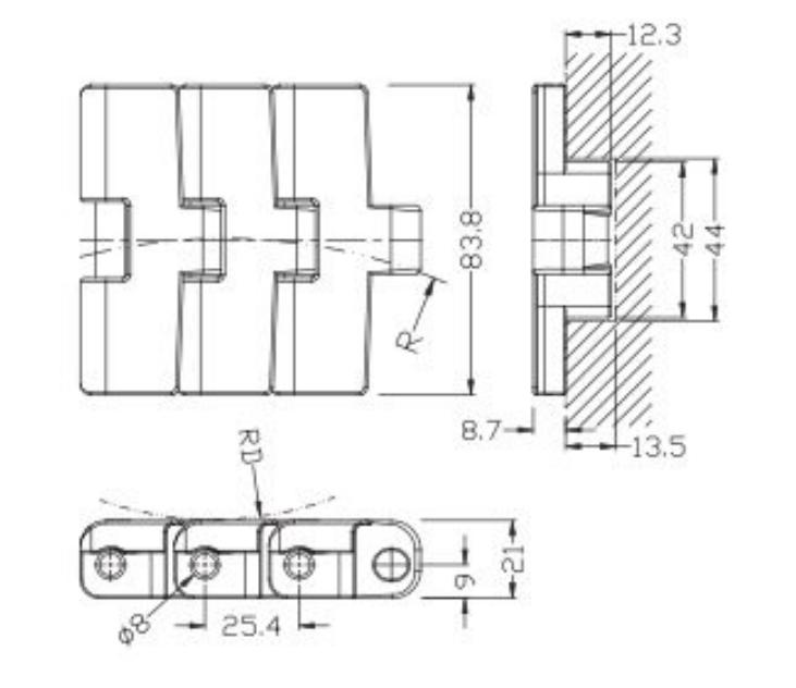 783 Engineering Plastic Sideflex Run Single Hinge Chain Magnetic Bending  Conveyor Chain