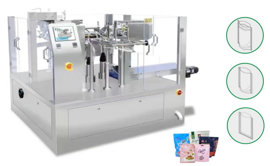 8 Position Rotating Bag Packaging Machine for Self-Supporting Zipper  3/4 Edge Sealing Bags