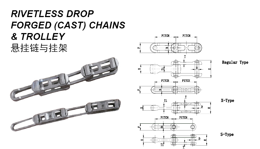 Cast Alloy Steel X348 X458 468 X658 X678 Rive-tless Drop Forged Chains With Trolley