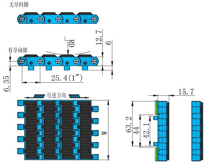 Promotional Various 1005 Series 25.4mm Pitch Rubber Surface Plastic Chain for Sale