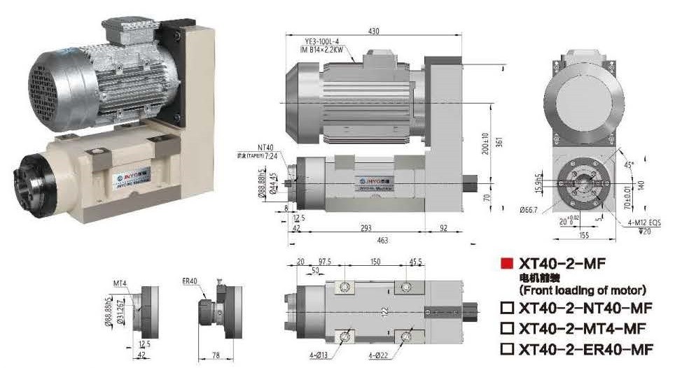 China manufacturer OEM / ODM Boring and milling spindle head gearbox motor XT40-2, NT40/MT4/ER40 spindle