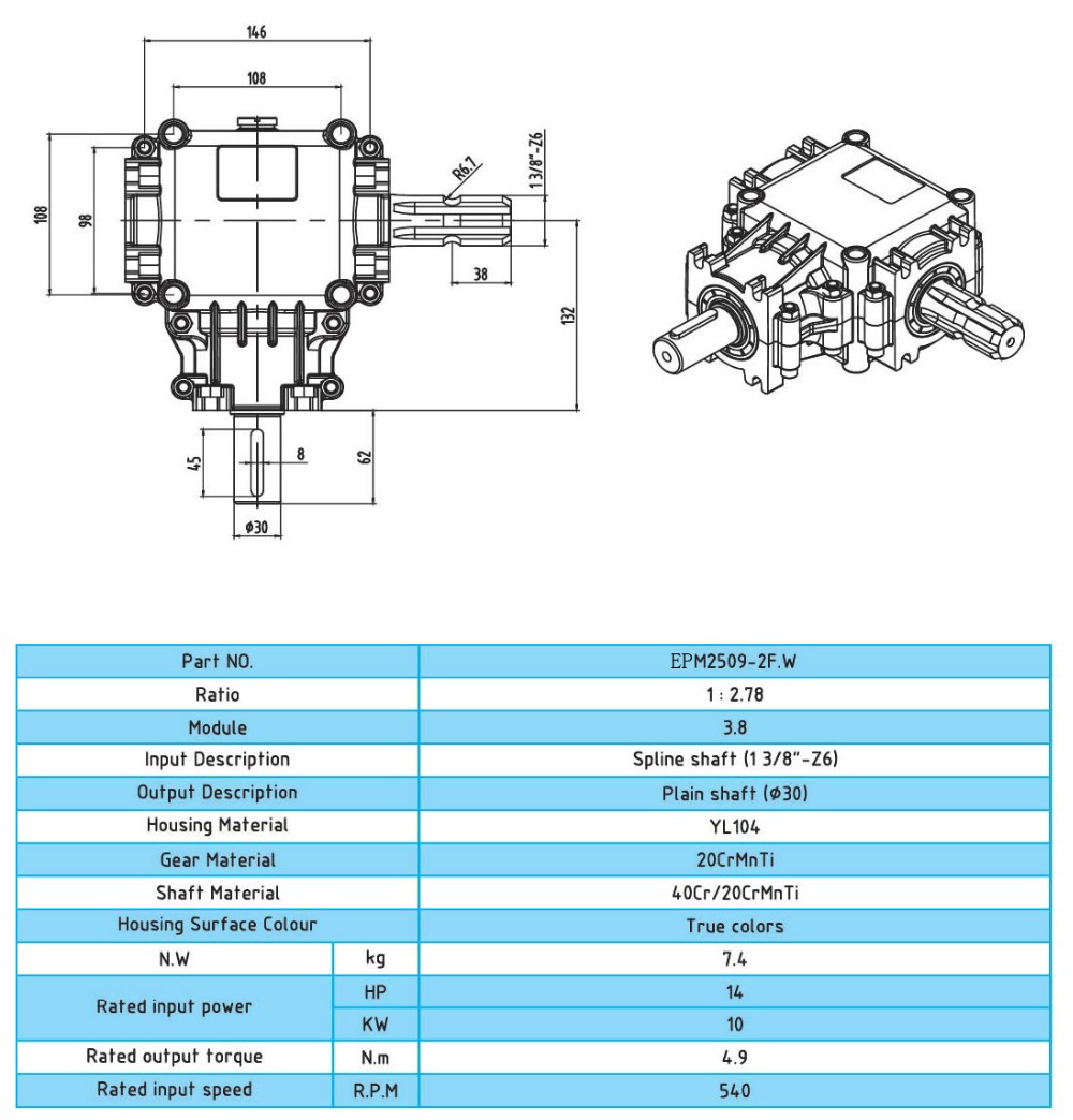 Tractor Gearbox for PTO Drive Shaft, Agricultural Machines 540 Rpm, 1:2.78 Ratio, China Manufacturer OEM / ODM
