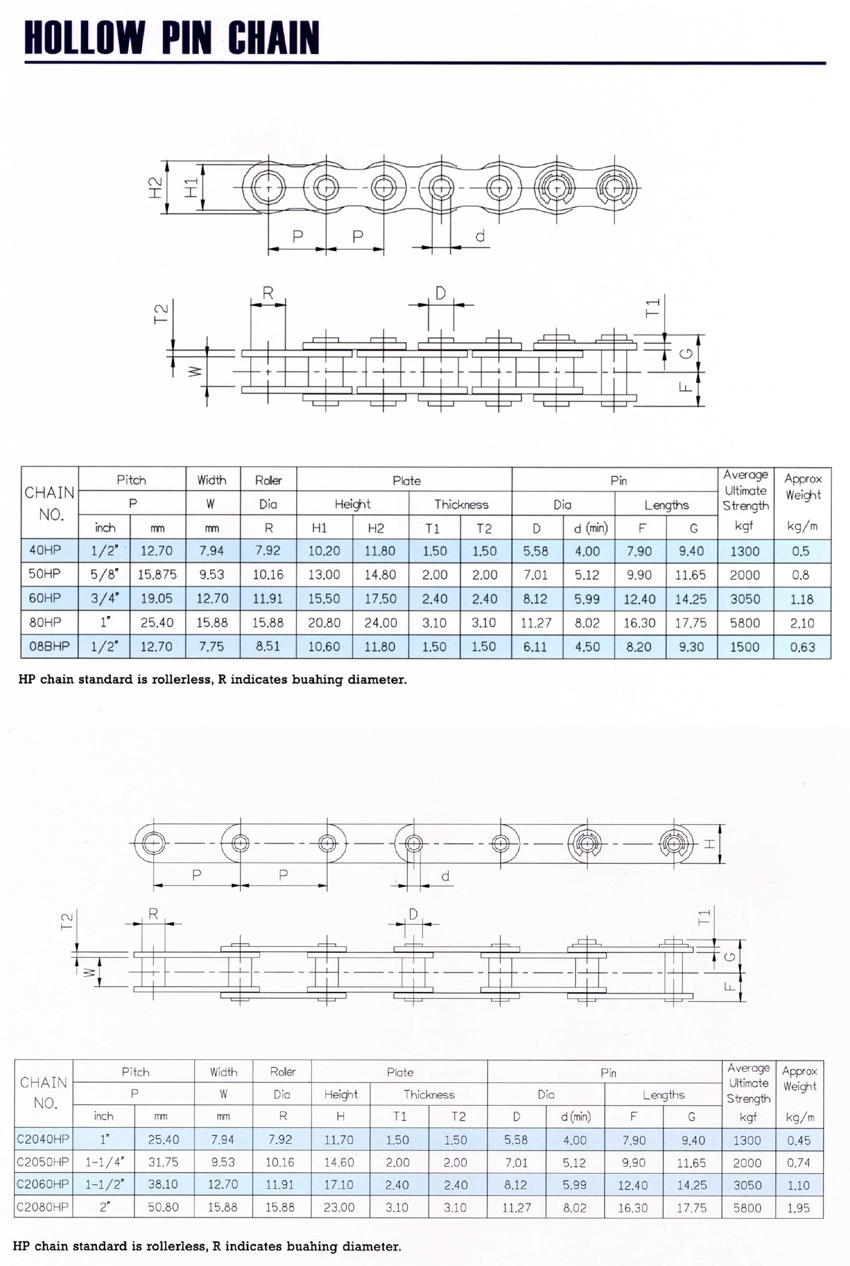 Hollow Pin Chain Single Double Pitch Standard 316 Stainless Steel  40Cr Hollow Pin Roller Chain