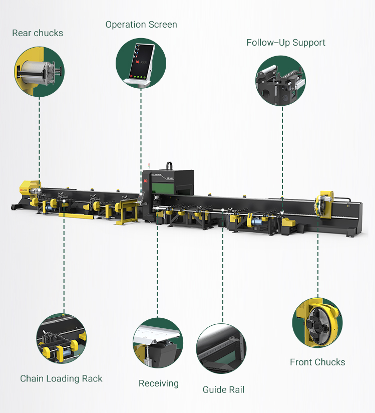 High Speed Side Mounted Three Chuck Stainless Structural Steel 450mm Fiber Metal Tube Laser Cutting Machine